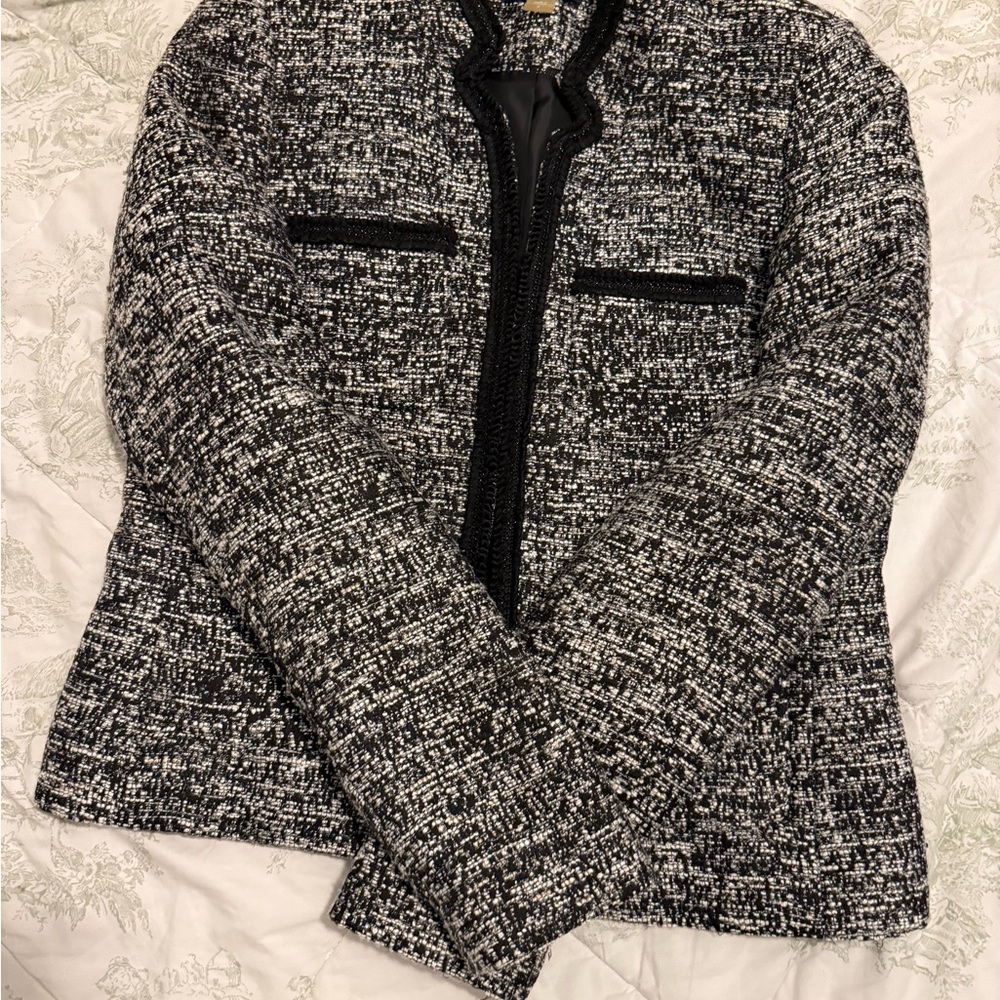 Classic Black & White Tweed Jacket - Women's Elegant Zip Front